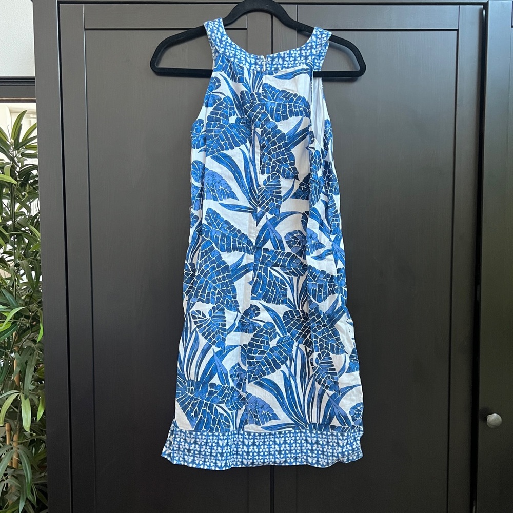 Tommy Bahama Mosaic Print Palm Linen Dress Blue White Size Small